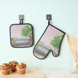 Hübsche Blumenlandschaft am Meer Ofenhandschuh & Topflappen-Set