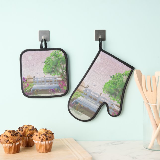 Hübsche Blumenlandschaft am Meer Ofenhandschuh & Topflappen-Set (Insitu (Hängend))