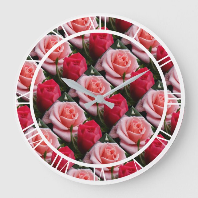 Hübsche Blumenrosa Rote Rosen Muster Große Wand Große Wanduhr (Vorderseite)