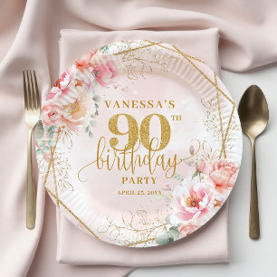 Hübsche Blush Floral Gold Rahmen 90. Geburtstagsfe Pappteller