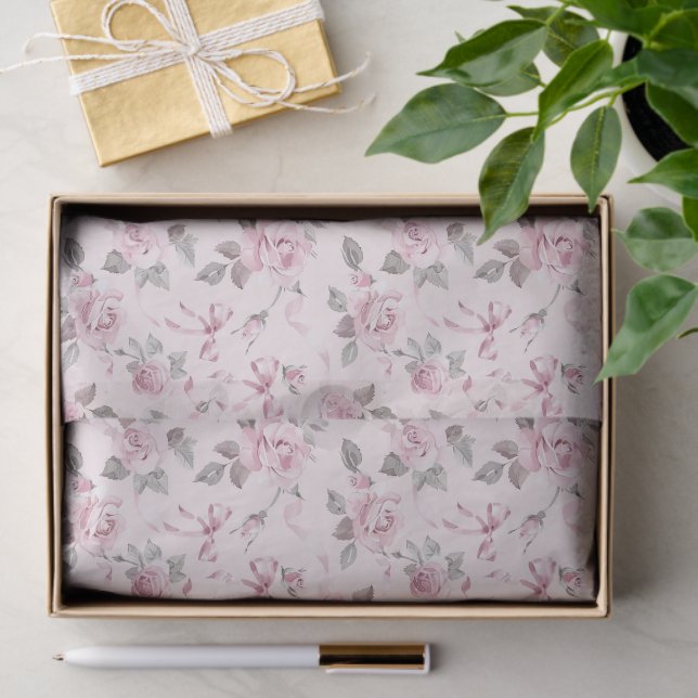 Hübsche Blush Pink Roses & Bows Blumenhochzeit Seidenpapier (Geschenk)