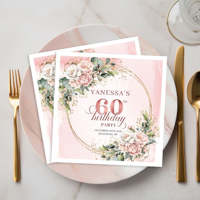 Hübsche Boho-Hellrosa-Blumen-Napkin zum 60. Geburt Serviette (Pretty Boho Light Pink Floral 60th Birthday Napkins)