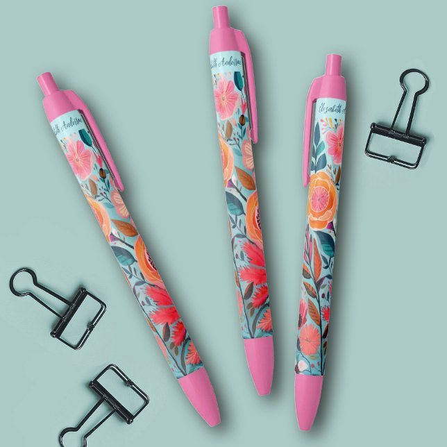 Hübsche botanische feminine Blumenmuster Kugelschreiber (Bright colorful floral pens. Personalize them with your name.)