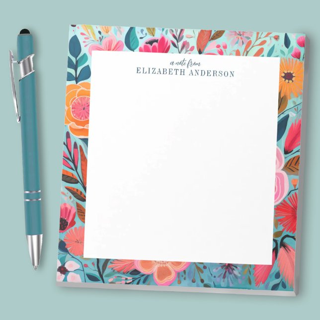 Hübsche botanische Mädchen Blumenmuster Notizblock (A pretty colorful floral notepad. A stylish office accessory. Personalize it with your name.)