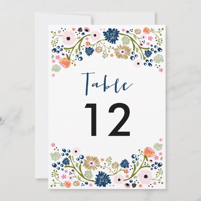 Hübsche Bouquet Wedding Tischnummer Invite Navy (Vorderseite)