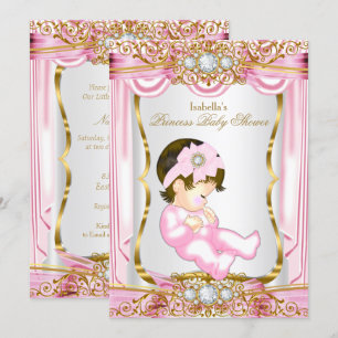 Hübsche brünette Prinzessin Baby Shower Pinke Seid Einladung