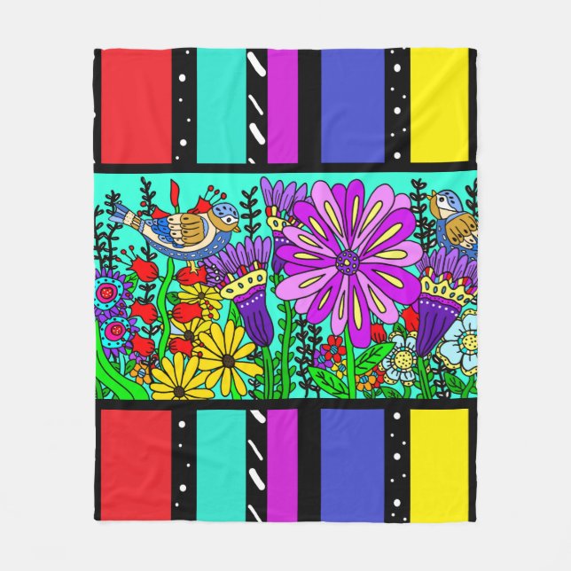 Hübsche Bunte Folklore Art Bird und Blume Fleecedecke (Vorderseite)
