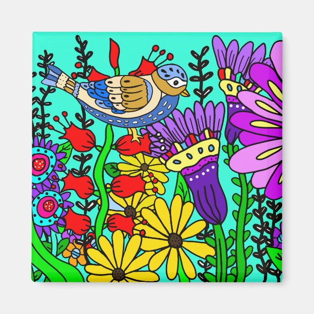 Hübsche Bunte Folklore Art Bird und Blume Magnet (Vorne)