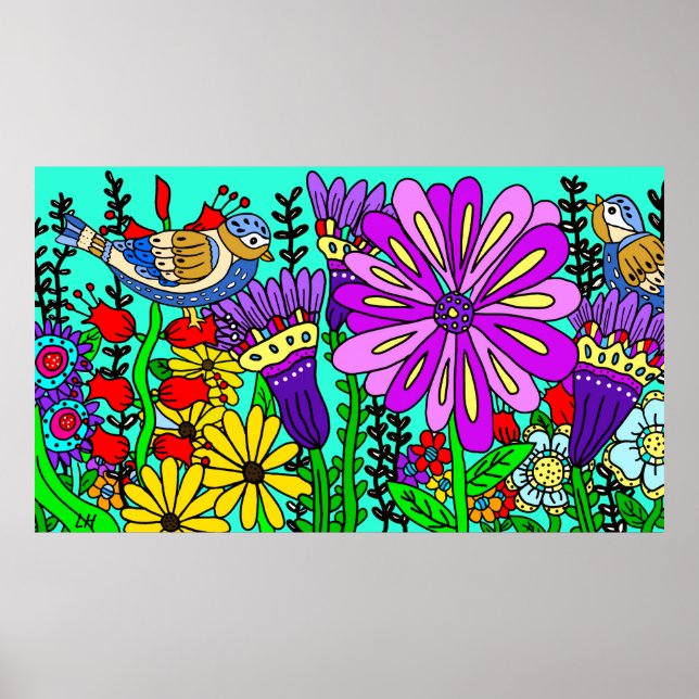 Hübsche Bunte Folklore Art Bird und Blume Poster (Vorne)