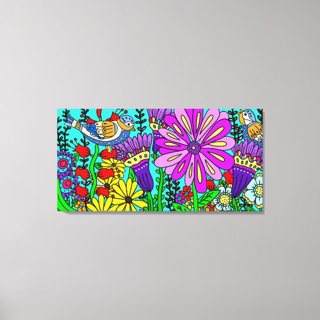 Hübsche Bunte Folklorekunst Vogel und Blume Po Leinwanddruck (Vorderseite)