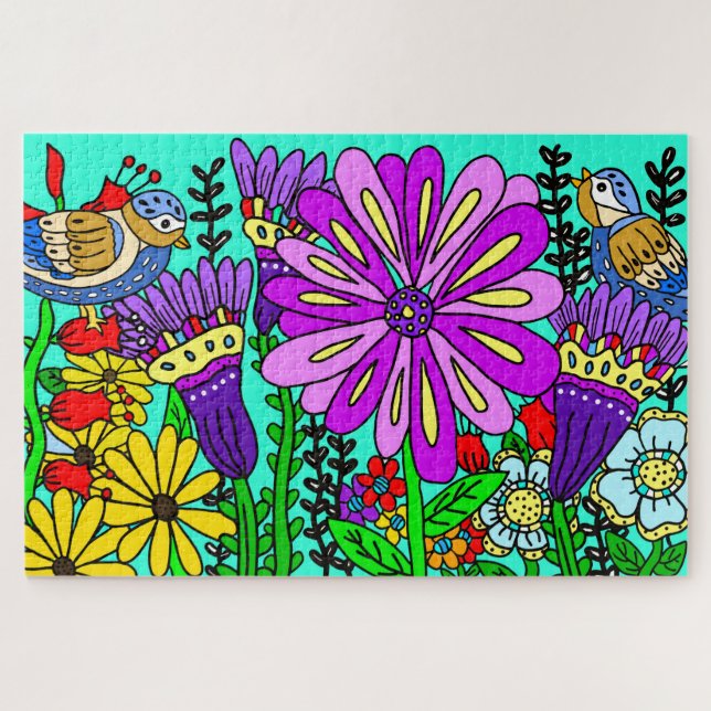 Hübsche Bunte Folklorekunst Vogel und Blume Po Puzzle (Horizontal)