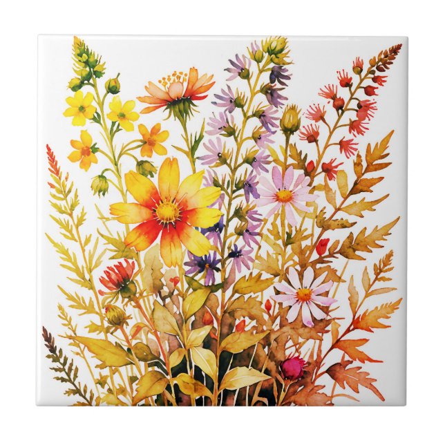 Hübsche bunte Wildblumen Aquarell  Fliese (Vorderseite)
