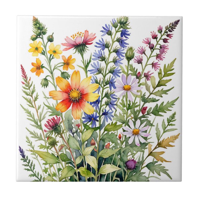 Hübsche bunte Wildblumen Aquarellmalerei Fliese (Vorderseite)