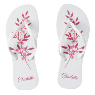 Hübsche Burgunderrosa-Aquarell-Name-Blumen Flip Flops