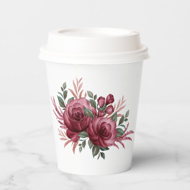Hübsche Burgundy-Blume Papier-Cups Pappbecher (Vorderseite)
