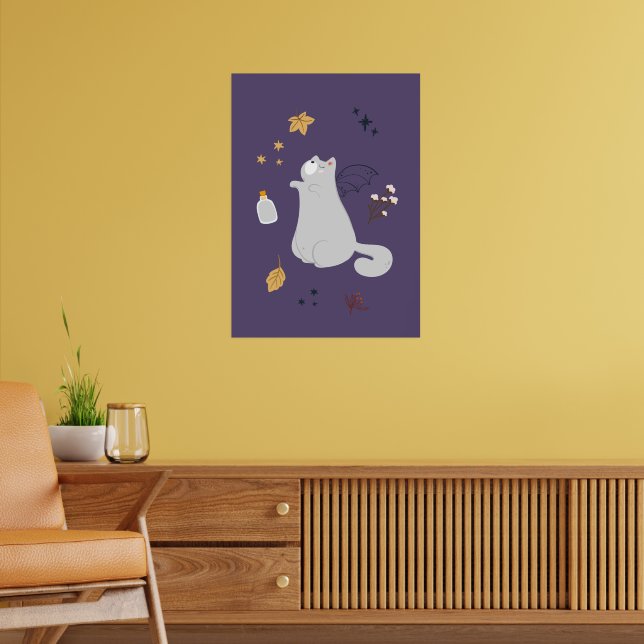 Hübsche Cartoon Katzen mit Besen, Kürbissen und Ge Poster (Wohnzimmer 2)