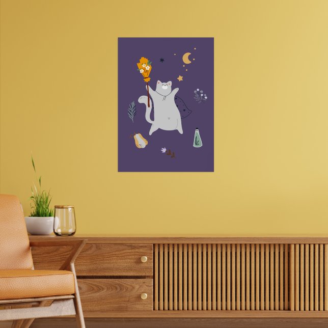 Hübsche Cartoon Katzen mit Besen, Kürbissen und Ge Poster (Wohnzimmer 2)