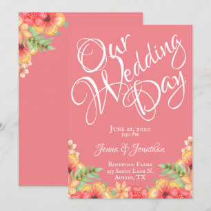 Hübsche Coral Peach Floral Script Hochzeit Einladung