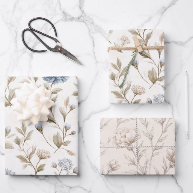 Hübsche Creme Blaue Blumen Brautparty Geschenkpapier Set (Vorderseite)