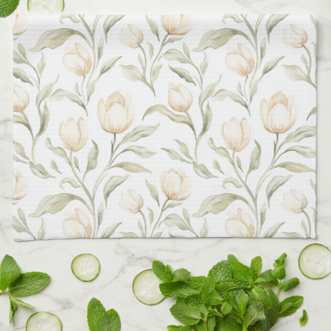 Hübsche cremefarbene Tulpenblumen Geschirrtuch (Gefaltet)