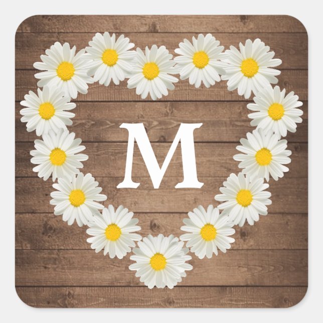 Hübsche Daisies Monogram Hochzeit rustikales Holz Quadratischer Aufkleber (Vorderseite)