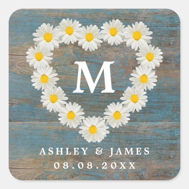 Hübsche Daisies Monogram Wedding Blue Wood Quadratischer Aufkleber (Vorderseite)