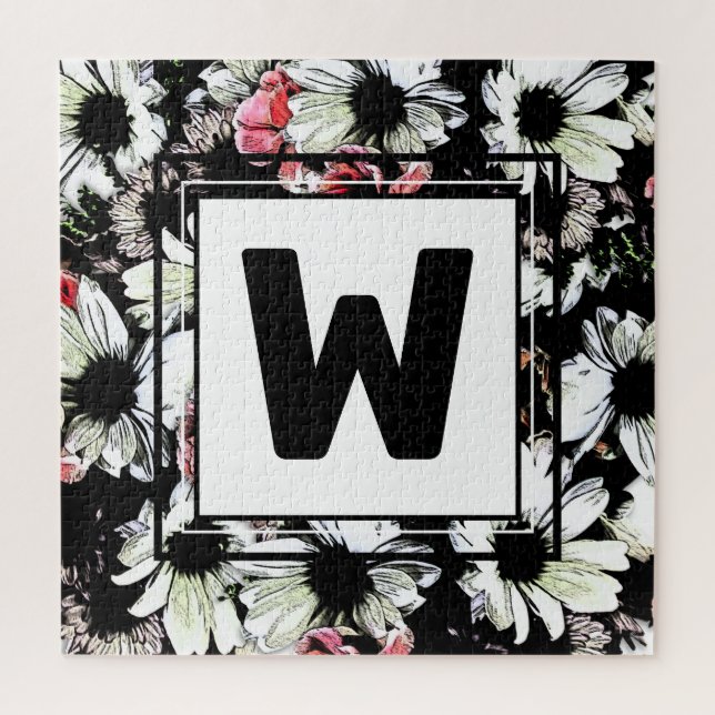 Hübsche Daisy Blume Black Monogram Family Wedding Puzzle (Vertikal)