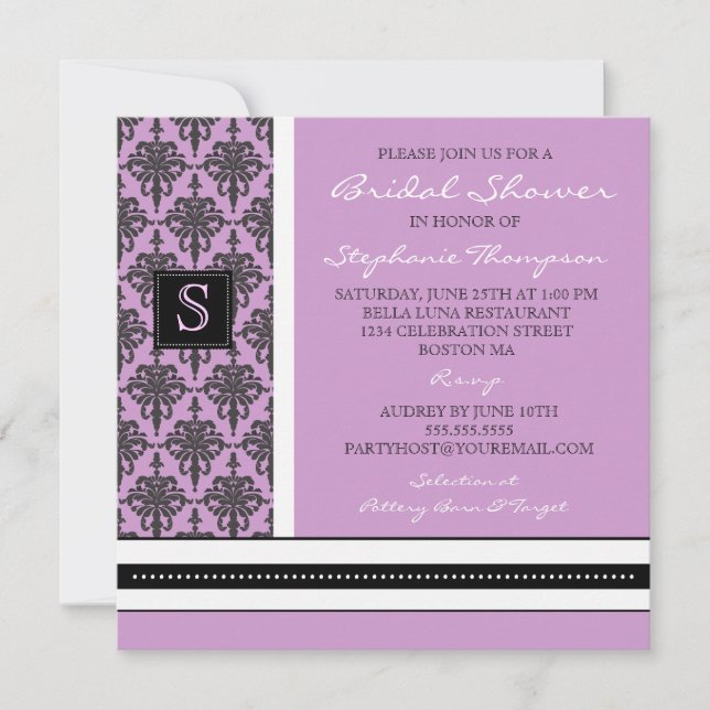 Hübsche Damask Monogram-Bridal-Dusche Einladung (Vorderseite)