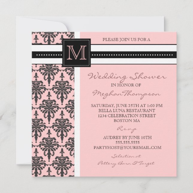 Hübsche Damask Monogram-Bridal-Dusche Einladung (Vorderseite)