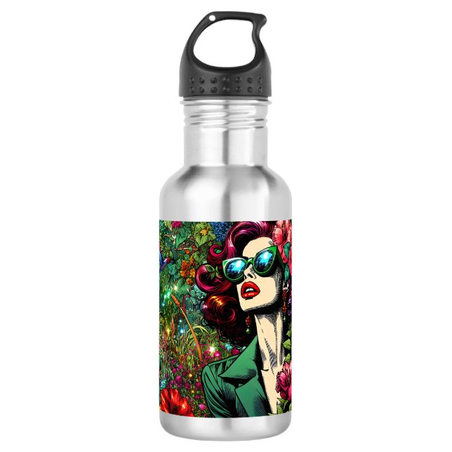 Hübsche Dame im Blumengarten Farbenfroh Edelstahlflasche (Vorderseite)