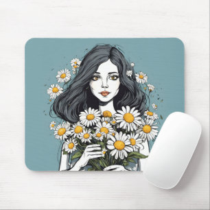 Hübsche Dame mit Daisy Bouquet Mousepad