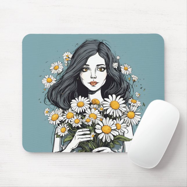 Hübsche Dame mit Daisy Bouquet Mousepad (Mit Mouse)