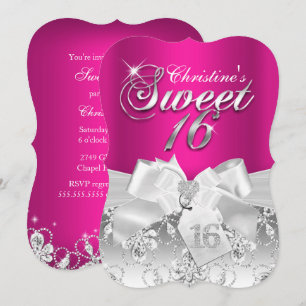 Hübsche Diamant-Bogen Hot Pink Sweet 16 Einladung