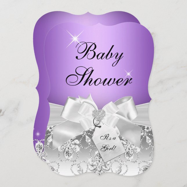Hübsche Diamond Bow Lila Baby Dusche einladen Einladung (Vorne/Hinten)