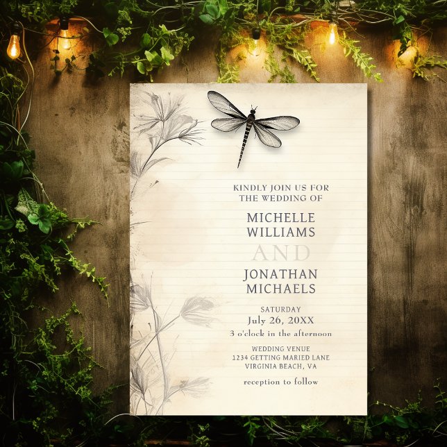 Hübsche Drachenfliege Vintage Zeitschrift Hochzeit Einladung (Front - Pretty Dragonfly Sketch Vintage Journal Wedding Invitation
)