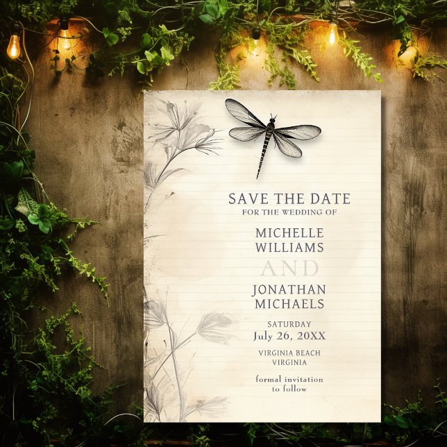 Hübsche Drachenfliege Vintage Zeitschrift Hochzeit Save The Date (Front - Pretty Dragonfly Sketch Vintage Journal Wedding Save The Date)