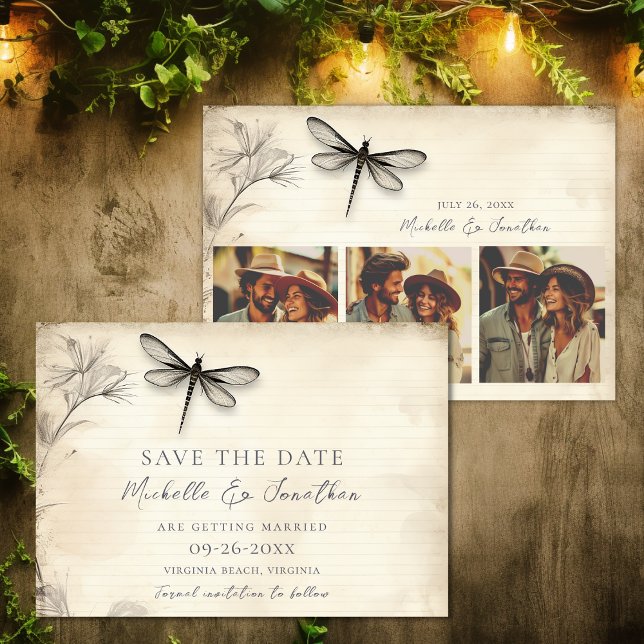 Hübsche Drachenfliege Vintage Zeitschrift Hochzeit Save The Date (Pretty Dragonfly Sketch Vintage Journal Wedding Save The Date)