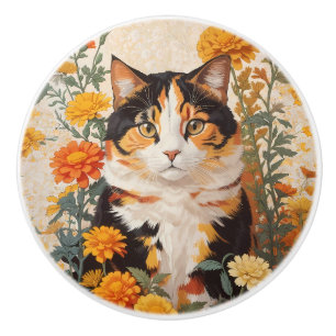 Hübsche Dreifarbenkatze mit Ringelblumen Keramikknauf