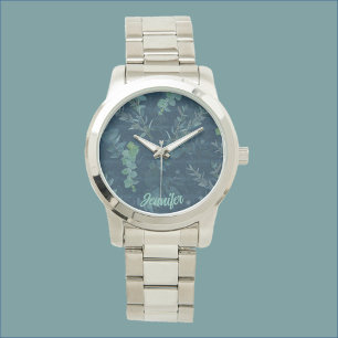 Hübsche dunkelblaue Aquamarin-grüne Blätter Armbanduhr
