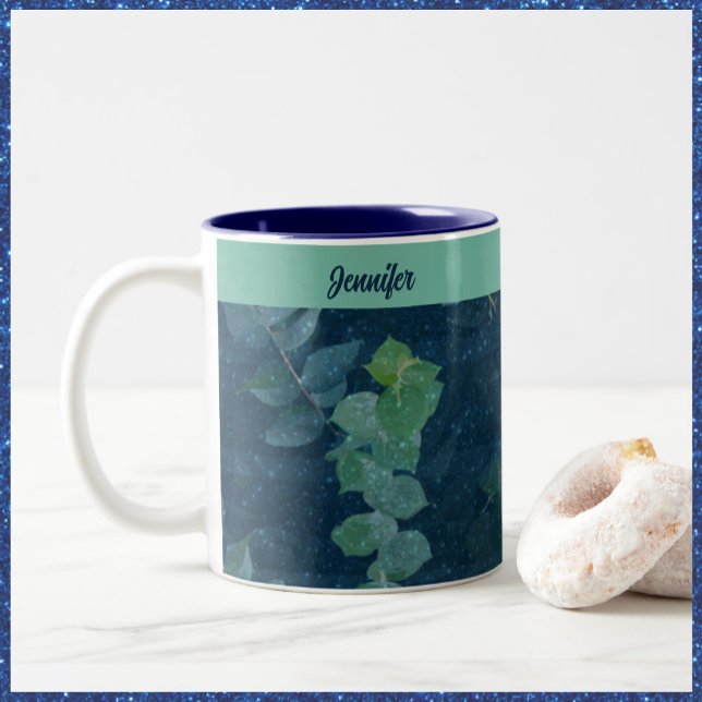 Hübsche dunkelblaue und Aquamarine grüne Blätter Zweifarbige Tasse (Von Creator hochgeladen)