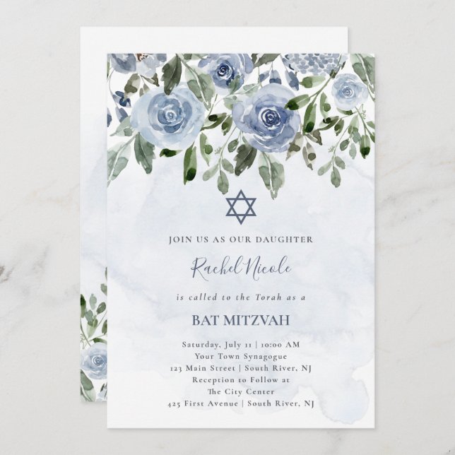 Hübsche Dusty Blue Watercolor-Blume| Bat Mitzvah Einladung (Vorne/Hinten)