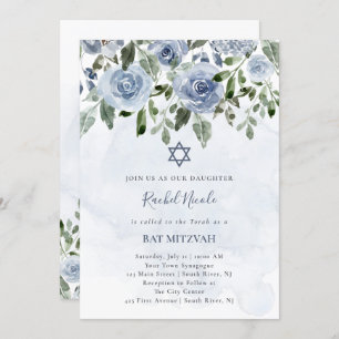 Hübsche Dusty Blue Watercolor-Blume  Bat Mitzvah Einladung