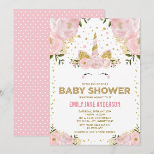 Hübsche Einhorn Girl Baby Dusche Pink Gold Floral Einladung
