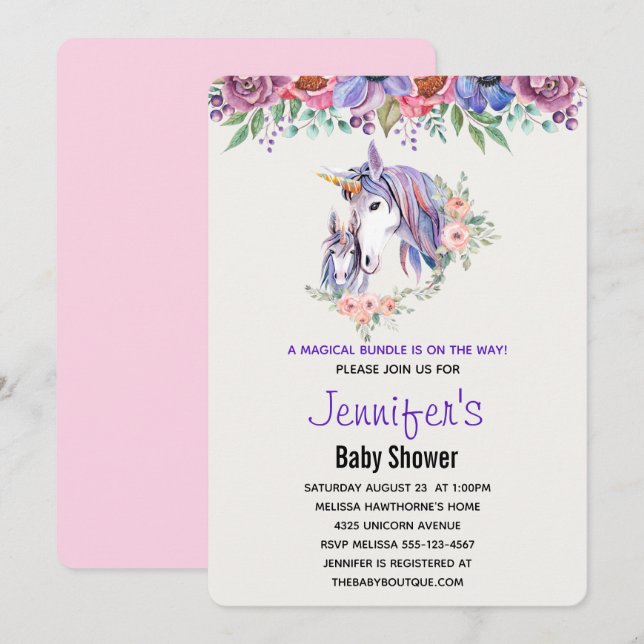Hübsche Einhorn Mama & Baby Watercolor Babydusche Einladung (Vorne/Hinten)
