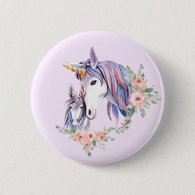 Hübsche Einhorn-Mama & Baby Watercolor Button (Vorderseite)