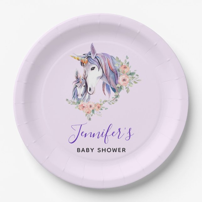 Hübsche Einhorn-Mama & Baby Watercolor Kinderdusch Pappteller (Vorderseite)