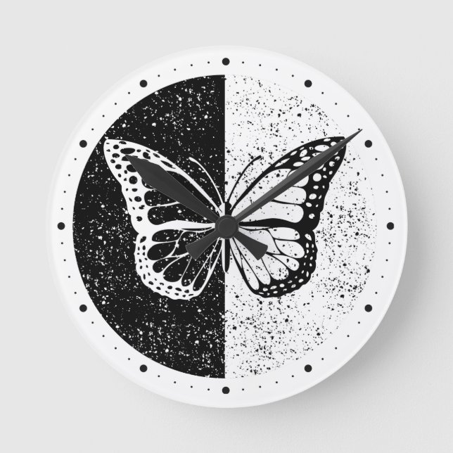 Hübsche elegante Butterfly Black & White Day Night Runde Wanduhr (Vorderseite)