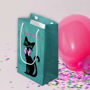 Hübsche elegante schwarze Geburtstagskatze grüne A Kleine Geschenktüte