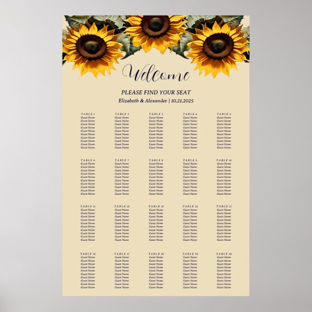 Hübsche elegante Sonnenblumen Hochzeitsstichtabell Poster (Vorne)