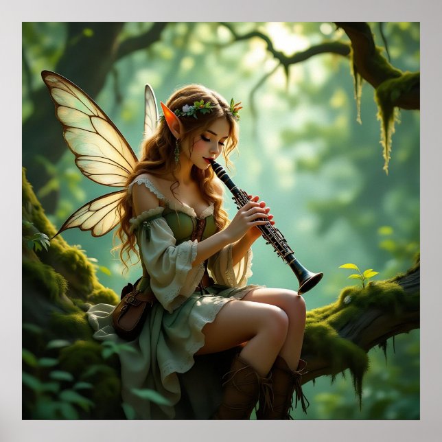Hübsche elfenhafte Fee, die Klarinette spielt Poster (Vorne)